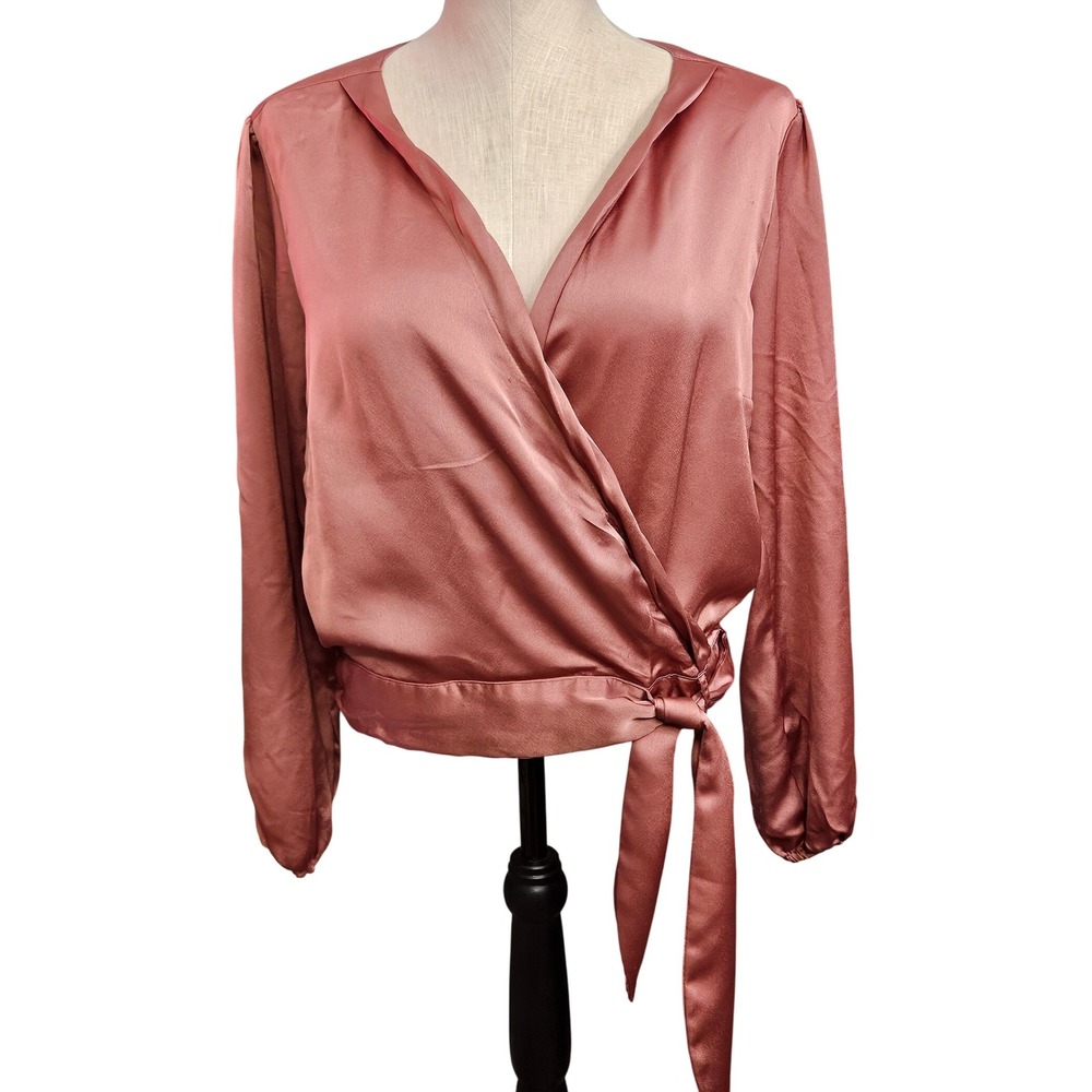 Vtg Rose Gold Satin Wrap Blouse‎ Sz L Long Sleeve Tie Waist Top Elegant  #331